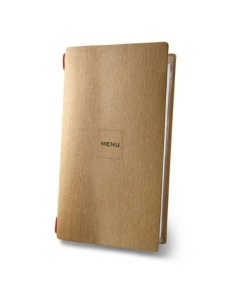 Porta Menu CUSTOM A4 SLIM (17,4x31,8 cm) "MINIMAL NATURAL menu" 2 buste (4 facciate) elastico rosso ECO NATURALE sp. 0.6