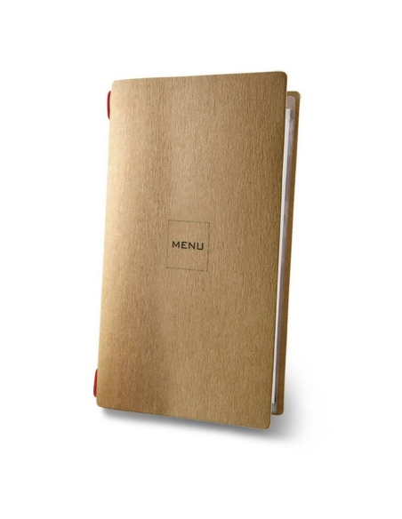 Porta Menu CUSTOM A4 SLIM (17,4x31,8 cm) "MINIMAL NATURAL menu" 2 buste (4 facciate) elastico rosso ECO NATURALE sp. 0.6