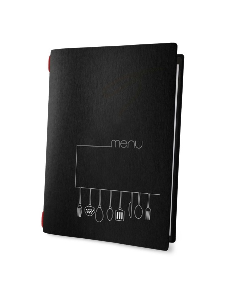 Porta Menu CUSTOM A4 (23,2x31,8 cm) "KITCHEN" 2 buste (4 facciate) elastico rosso ECO NERO sp. 0.6