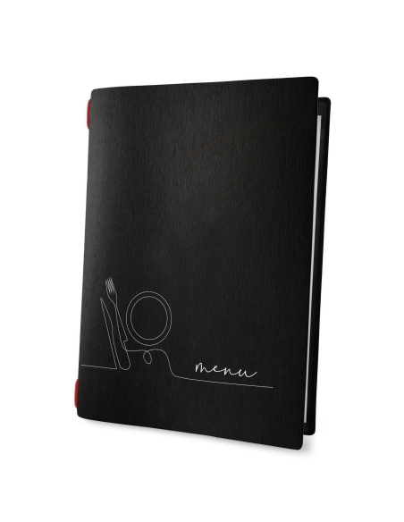 Porta Menu CUSTOM A4 (23,2x31,8 cm) "LINEAR" 2 buste (4 facciate) elastico rosso ECO NERO sp. 0.6