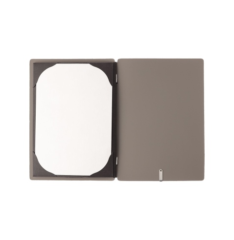 Porta Menu A5 (16,5x23,1 cm) etichetta METAL "personalizzata" (minimo 18 pezzi) cornicetta (4 facciate) elastico nero BICOLOR CO