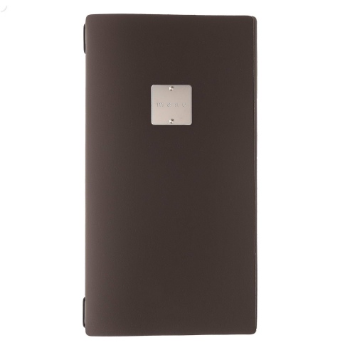 Porta Menu A4 SLIM (17,4x31,8 cm) etichetta METAL "personalizzata" (minimo 18 pezzi) cornicetta (4 facciate) elastico nero BICOL