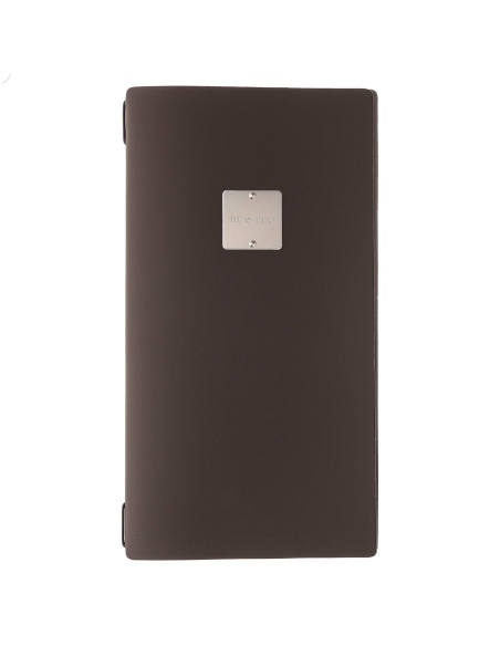 Porta Menu A4 SLIM (17,4x31,8 cm) etichetta METAL "personalizzata" (minimo 18 pezzi) cornicetta (4 facciate) elastico nero BICOL