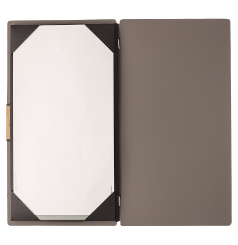 Porta Menu A4 SLIM (17,4x31,8 cm) etichetta PATCH "menu" cornicetta (4 facciate) elastico nero BICOLOR COCOA