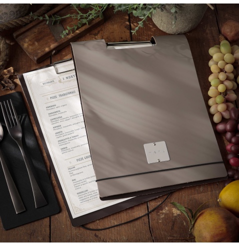 CITY MENU porta menu A4 etichetta METAL STANDARD "menu" molla ferma fogli BICOLOR SABBIA