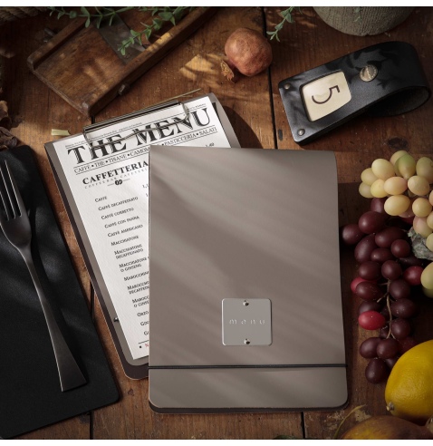 CITY MENU porta menu A5 etichetta METAL STANDARD "menu" molla ferma fogli BICOLOR SABBIA
