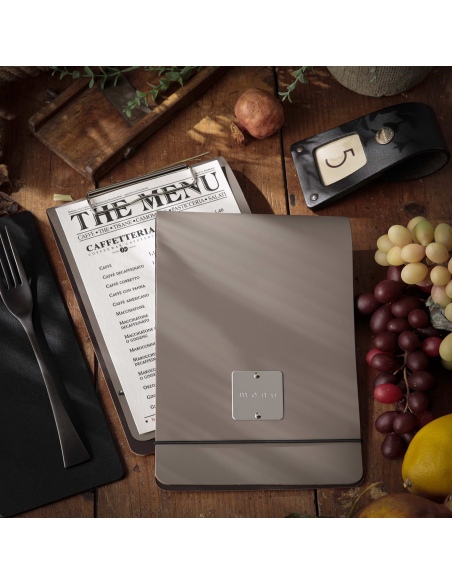 CITY MENU porta menu A5 etichetta METAL STANDARD "menu" molla ferma fogli BICOLOR SABBIA