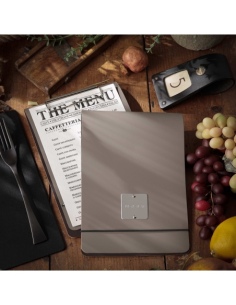 CITY MENU porta menu A5 etichetta METAL "personalizzata" (minimo 18 pezzi) molla ferma fogli BICOLOR SABBIA