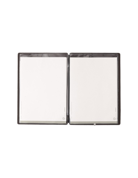 Porta Menu A5 (16,5x23,1 cm) etichetta METAL "personalizzata" (minimo 18 pezzi) 2 buste (4 facciate) elastico nero BICOLOR SABBI