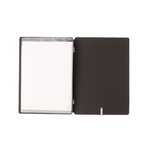 Porta Menu A5 (16,5x23,1 cm) etichetta METAL "personalizzata" (minimo 18 pezzi) 2 buste (4 facciate) elastico nero BICOLOR SABBI
