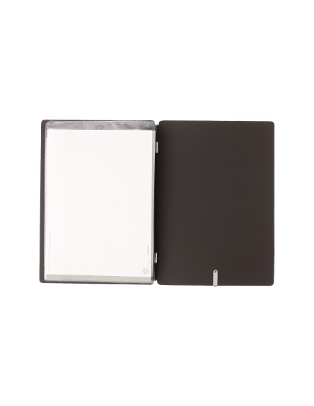 Porta Menu A5 (16,5x23,1 cm) etichetta METAL "personalizzata" (minimo 18 pezzi) 2 buste (4 facciate) elastico nero BICOLOR SABBI