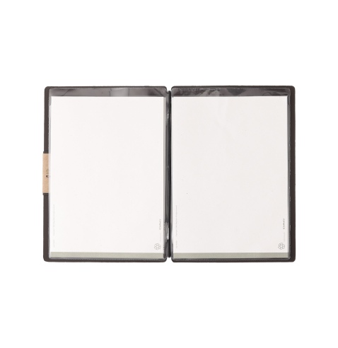 Porta Menu A5 (16,5x23,1 cm) etichetta PATCH "personalizzata" (minimo 18 pezzi) 2 buste (4 facciate) elastico nero BICOLOR SABBI