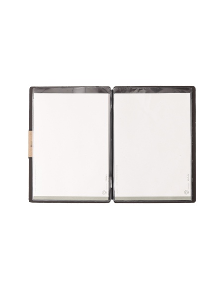 Porta Menu A5 (16,5x23,1 cm) etichetta PATCH "personalizzata" (minimo 18 pezzi) 2 buste (4 facciate) elastico nero BICOLOR SABBI
