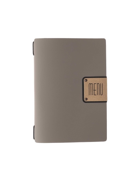 Porta Menu A5 (16,5x23,1 cm) etichetta PATCH "menu" 2 buste (4 facciate) elastico nero BICOLOR SABBIA