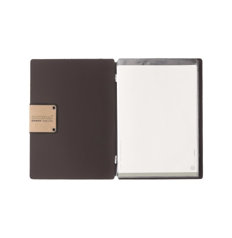 Porta Menu A5 (16,5x23,1 cm) etichetta PATCH "menu" 2 buste (4 facciate) elastico nero BICOLOR SABBIA