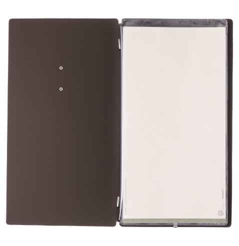 Porta Menu A4 SLIM (17,4x31,8 cm) etichetta METAL "personalizzata" (minimo 18 pezzi) 2 buste (4 facciate) elastico nero BICOLOR 
