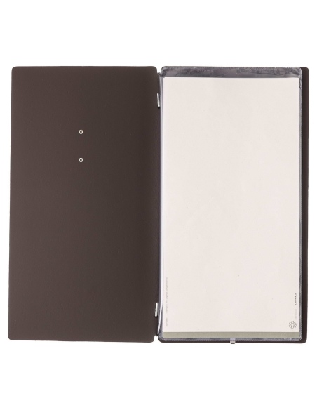 Porta Menu A4 SLIM (17,4x31,8 cm) etichetta METAL "personalizzata" (minimo 18 pezzi) 2 buste (4 facciate) elastico nero BICOLOR 