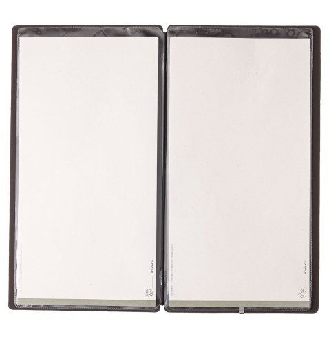 Porta Menu A4 SLIM (17,4x31,8 cm) etichetta METAL "personalizzata" (minimo 18 pezzi) 2 buste (4 facciate) elastico nero BICOLOR 