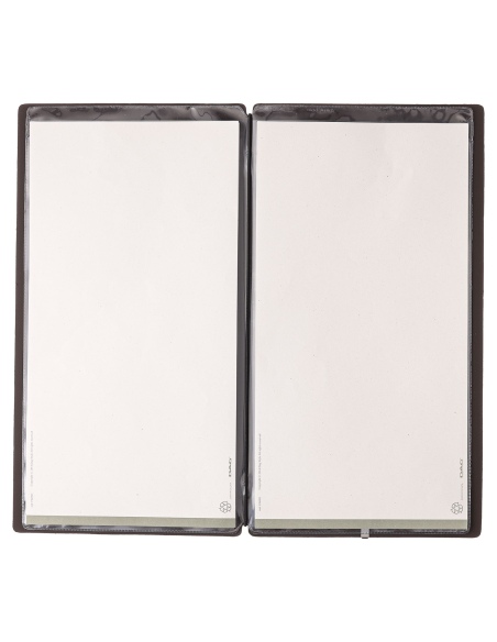 Porta Menu A4 SLIM (17,4x31,8 cm) etichetta METAL "personalizzata" (minimo 18 pezzi) 2 buste (4 facciate) elastico nero BICOLOR 