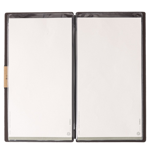 Porta Menu A4 SLIM (17,4x31,8 cm) etichetta PATCH "personalizzata" (minimo 18 pezzi) 2 buste (4 facciate) elastico nero BICOLOR 