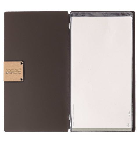 Porta Menu A4 SLIM (17,4x31,8 cm) etichetta PATCH "menu" 2 buste (4 facciate) elastico nero BICOLOR SABBIA