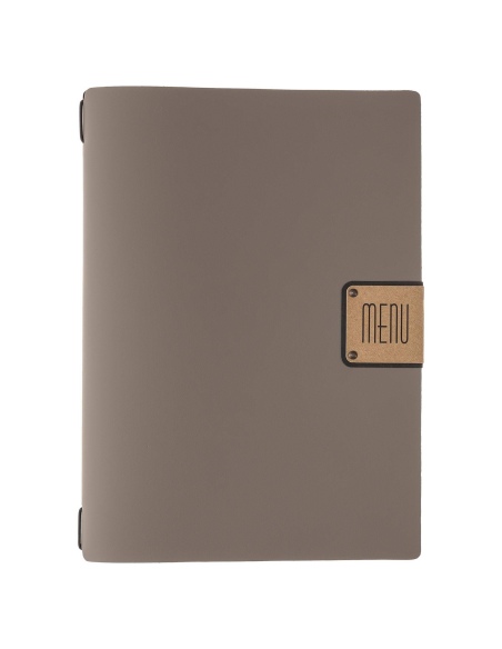 Porta Menu A4 (23,2x31,8 cm) etichetta PATCH "menu" 2 buste (4 facciate) elastico nero BICOLOR SABBIA