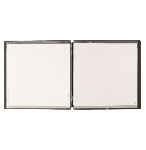 Porta Menu QUADRATO (23x23,1 cm) etichetta METAL "menu" 2 buste (4 facciate) elastico nero BICOLOR SABBIA