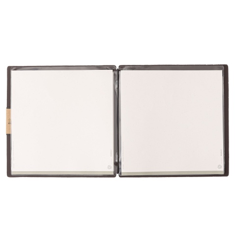 Porta Menu QUADRATO (23x23,1 cm) etichetta PATCH "menu" 2 buste (4 facciate) elastico nero BICOLOR SABBIA