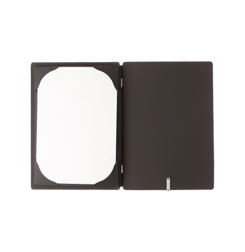 Porta Menu A5 (16,5x23,1 cm) etichetta METAL "personalizzata" (minimo 18 pezzi) cornicetta (4 facciate) elastico nero BICOLOR SA