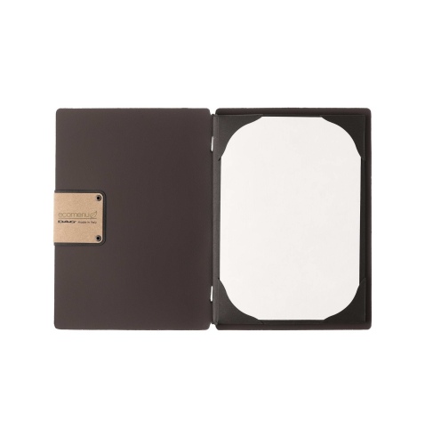 Porta Menu A5 (16,5x23,1 cm) etichetta PATCH "personalizzata" (minimo 18 pezzi) cornicetta (4 facciate) elastico nero BICOLOR SA
