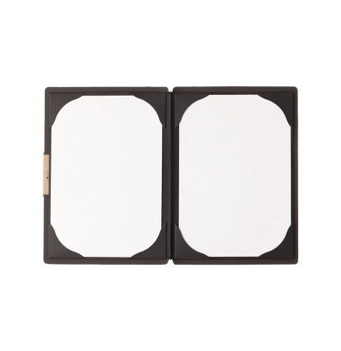 Porta Menu A5 (16,5x23,1 cm) etichetta PATCH "personalizzata" (minimo 18 pezzi) cornicetta (4 facciate) elastico nero BICOLOR SA
