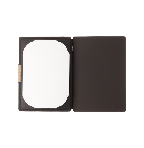 Porta Menu A5 (16,5x23,1 cm) etichetta PATCH "personalizzata" (minimo 18 pezzi) cornicetta (4 facciate) elastico nero BICOLOR SA