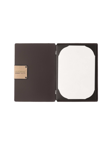 Porta Menu A5 (16,5x23,1 cm) etichetta PATCH "menu" cornicetta (4 facciate) elastico nero BICOLOR SABBIA
