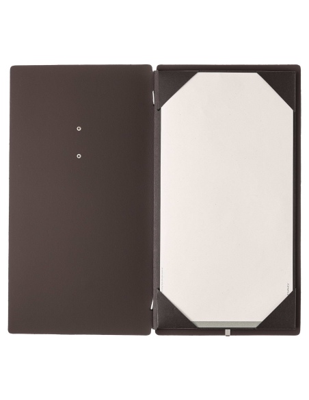 Porta Menu A4 SLIM (17,4x31,8 cm) etichetta METAL "personalizzata" (minimo 18 pezzi) cornicetta (4 facciate) elastico nero BICOL