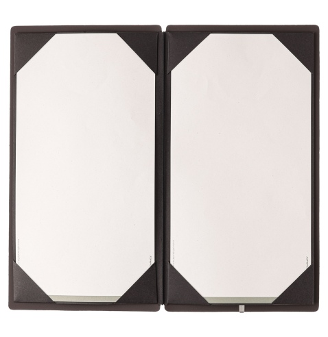 Porta Menu A4 SLIM (17,4x31,8 cm) etichetta METAL "personalizzata" (minimo 18 pezzi) cornicetta (4 facciate) elastico nero BICOL