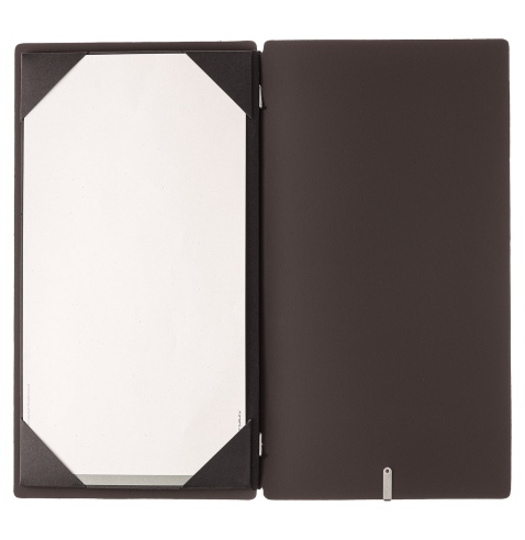 Porta Menu A4 SLIM (17,4x31,8 cm) etichetta METAL "personalizzata" (minimo 18 pezzi) cornicetta (4 facciate) elastico nero BICOL
