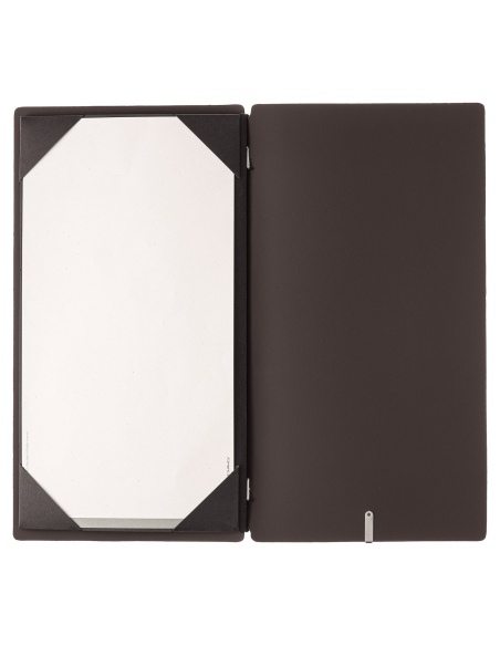 Porta Menu A4 SLIM (17,4x31,8 cm) etichetta METAL "personalizzata" (minimo 18 pezzi) cornicetta (4 facciate) elastico nero BICOL