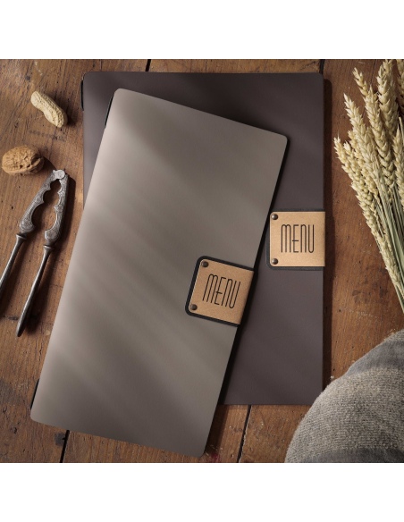 Porta Menu A4 SLIM (17,4x31,8 cm) etichetta PATCH "menu" cornicetta (4 facciate) elastico nero BICOLOR SABBIA