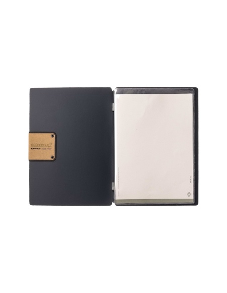 Porta Menu A5 (16,5x23,1 cm) etichetta PATCH "personalizzata" (minimo 18 pezzi) 2 buste (4 facciate) elastico nero PORTOFINO BLU