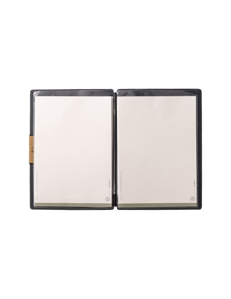 Porta Menu A5 (16,5x23,1 cm) etichetta PATCH "personalizzata" (minimo 18 pezzi) 2 buste (4 facciate) elastico nero PORTOFINO BLU
