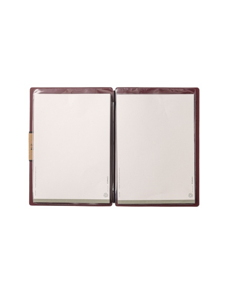 Porta Menu A5 (16,5x23,1 cm) etichetta PATCH "menu" 2 buste (4 facciate) elastico nero PORTOFINO BORDEAUX