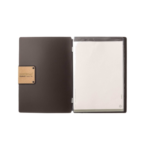 Porta Menu A5 (16,5x23,1 cm) etichetta PATCH "menu" 2 buste (4 facciate) elastico nero PORTOFINO MARRONE
