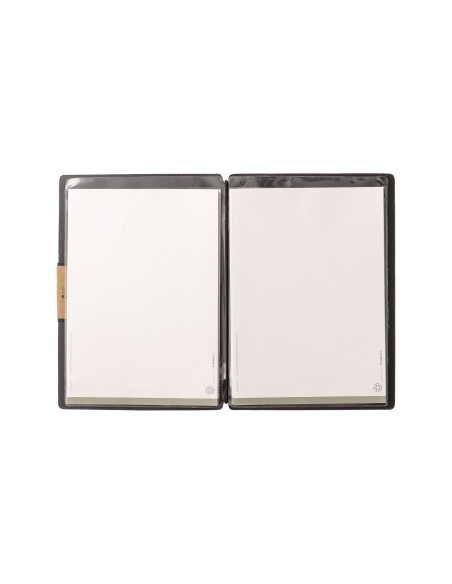 Porta Menu A5 (16,5x23,1 cm) etichetta PATCH "personalizzata" (minimo 18 pezzi) 2 buste (4 facciate) elastico nero PORTOFINO NER