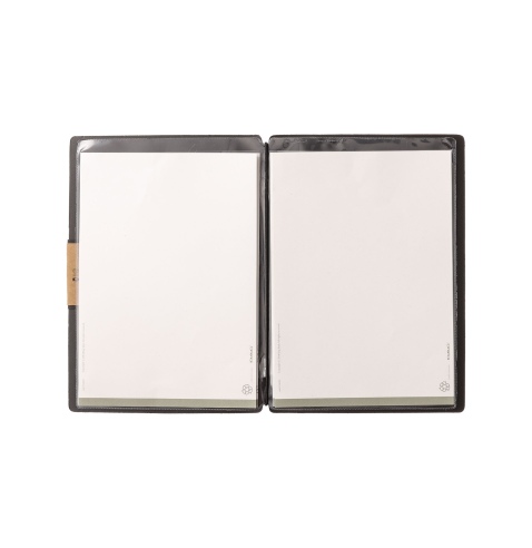 Porta Menu A5 (16,5x23,1 cm) etichetta PATCH "menu" 2 buste (4 facciate) elastico nero PORTOFINO NERO