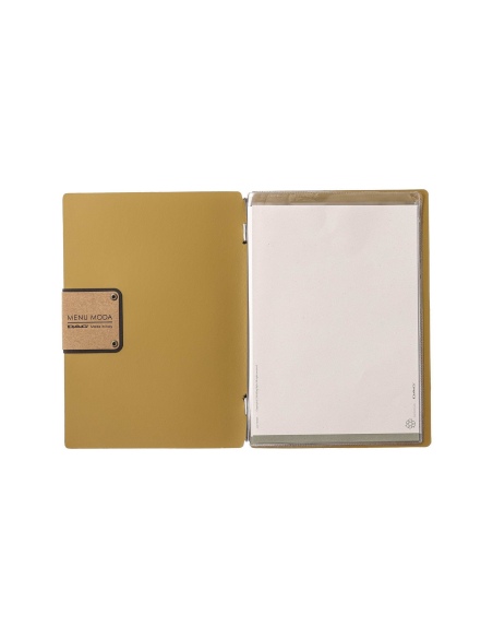 Porta Menu A5 (16,5x23,1 cm) etichetta PATCH "personalizzata" (minimo 18 pezzi) 2 buste (4 facciate) elastico nero PORTOFINO OCR