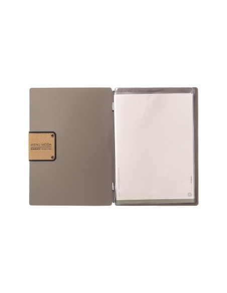 Porta Menu A5 (16,5x23,1 cm) etichetta PATCH "personalizzata" (minimo 18 pezzi) 2 buste (4 facciate) elastico nero PORTOFINO TOR