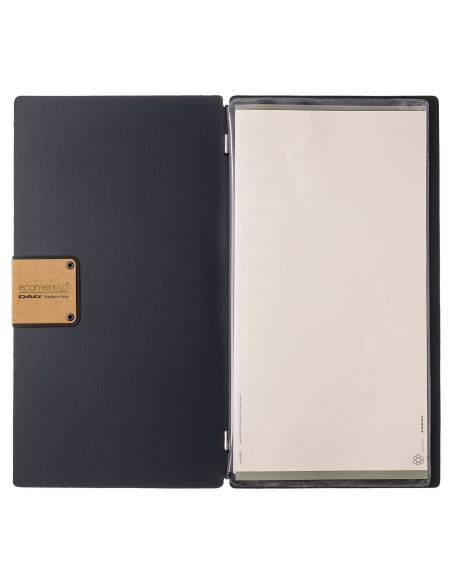Porta Menu A4 SLIM (17,4x31,8 cm) etichetta PATCH "personalizzata" (minimo 18 pezzi) 2 buste (4 facciate) elastico nero PORTOFIN