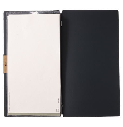 Porta Menu A4 SLIM (17,4x31,8 cm) etichetta PATCH "personalizzata" (minimo 18 pezzi) 2 buste (4 facciate) elastico nero PORTOFIN
