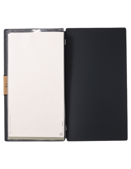 Porta Menu A4 SLIM (17,4x31,8 cm) etichetta PATCH "personalizzata" (minimo 18 pezzi) 2 buste (4 facciate) elastico nero PORTOFIN