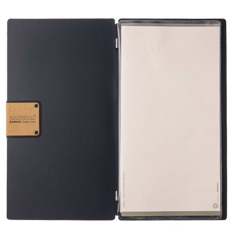 Porta Menu A4 SLIM (17,4x31,8 cm) etichetta PATCH "menu" 2 buste (4 facciate) elastico nero PORTOFINO BLU